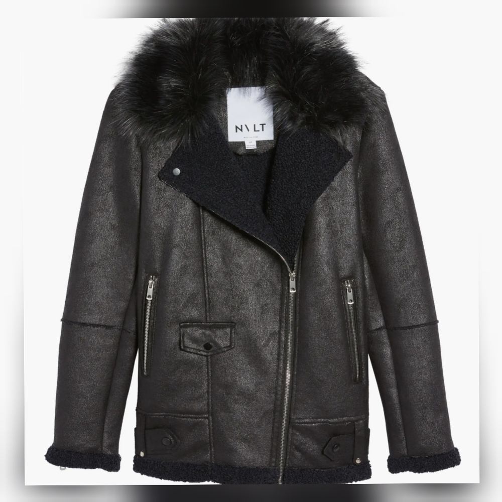 NVLT Suede Sherpa Fur Lined Aviator Moto Jacket Winter Coat XS